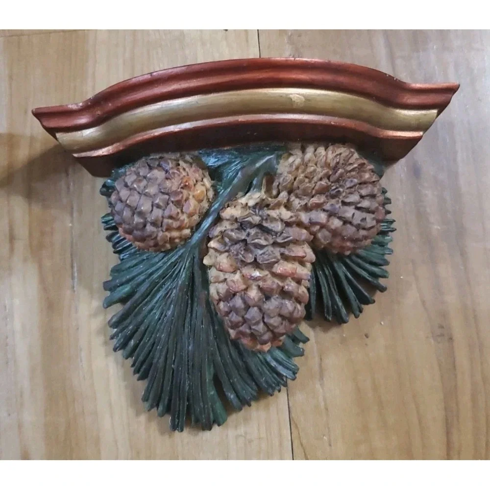 Vintage Pinecone & Needle Wall Sconce Display Shelves Set Woodland Forest Cabin